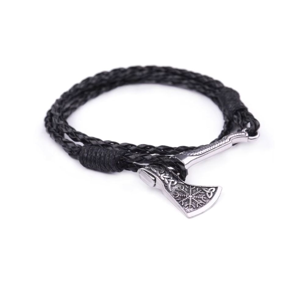 Bracelet gaulois cuir hache nordique argent