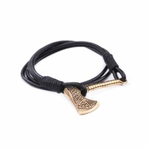 Bracelet gaulois cuir hache symbole doré