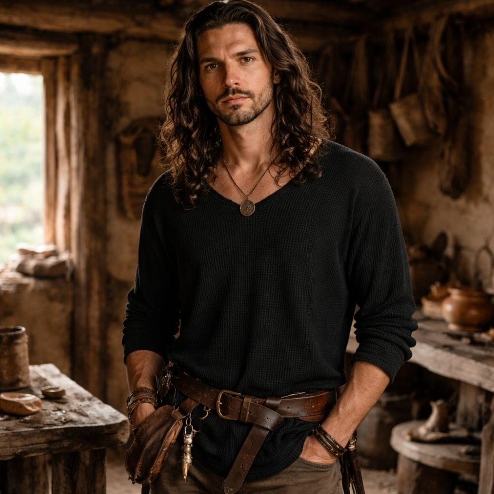 Tunique gauloise texturée manches longues noire – Image 2