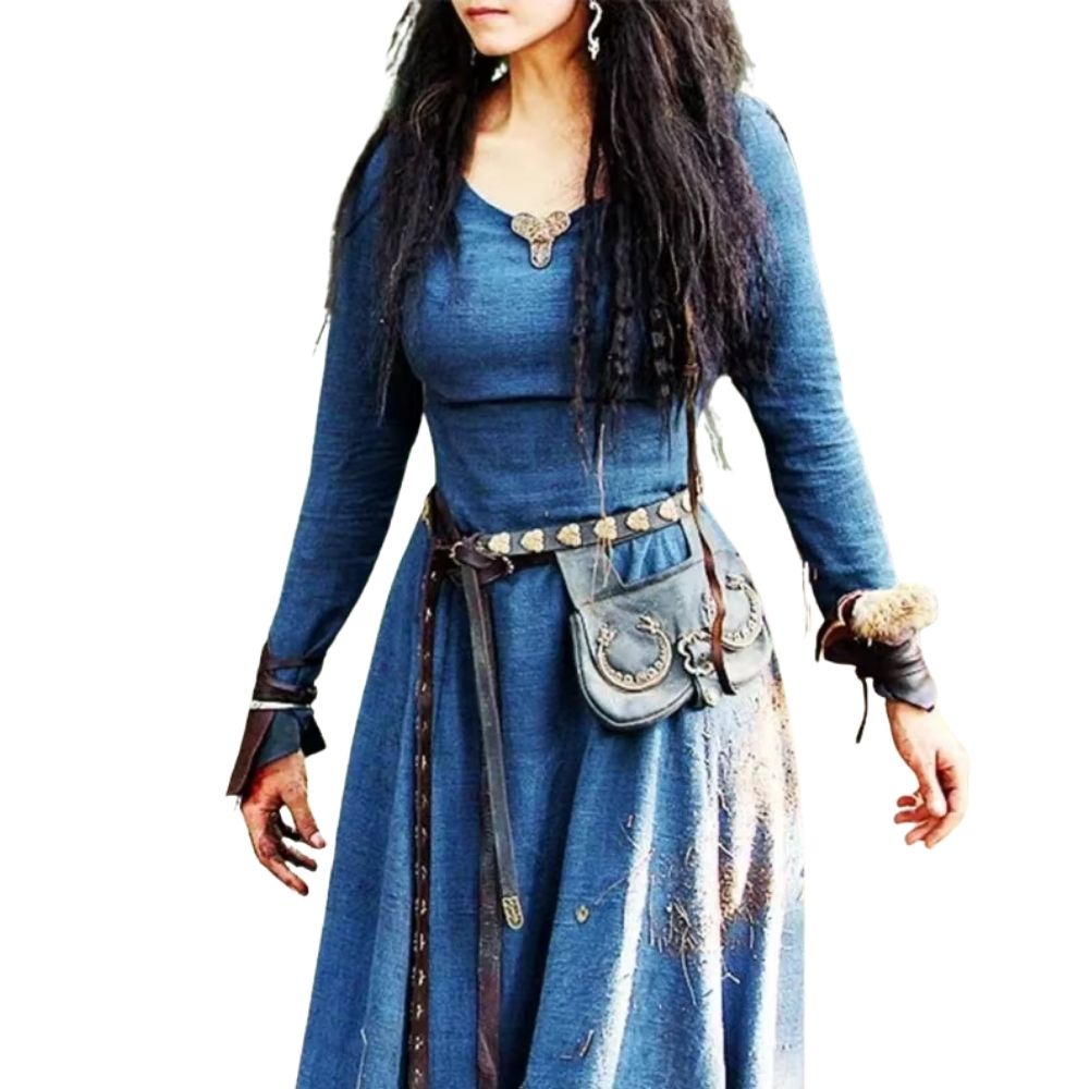 Robe gauloise bleue ceinturée avec pochette